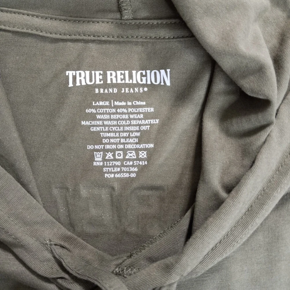True Religion Mens Olive Green Short Sleeve Hoodie Buddha Graphic Tee Size L NWT
